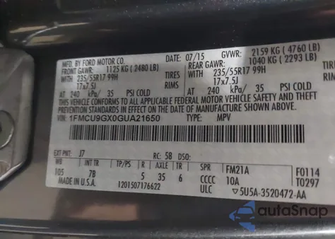 2016 Ford Escape Se z USA, uszkodzony, nr VIN 1FMCU9GX0GUA21650